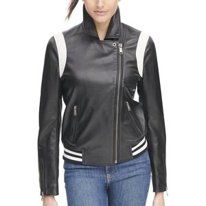 Chaquetas de mujer RTS recién llegadas con logotipo personalizado en blanco y negro, chaqueta vintage para invierno, abrigo de cuero elegante, chaqueta bomber genuina. - Product Image 3