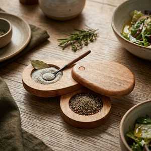 Premium Quality Handcrafted Spice <b>Box</b> <b>Masala</b> Dabba Salt Rimmer with 2 Round Compartments & Spoon Acacia Wood Spice <b>Box</b> Set - Product Image 2