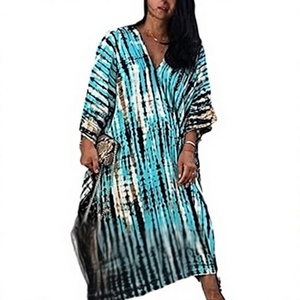 Vestido Maxi Boho Tie Dye con Cuello en V, Manga Tres Cuartos, Corte Holgado, Vestido Casual de Verano, Tejido Transpirable - Product Image 1