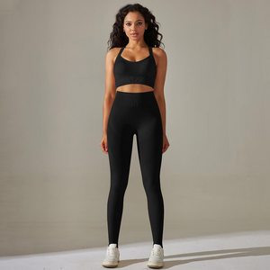 2 Piece Yoga Set Scoop Neck Racerback Crop Top High Waist Full Length <b>Leggings</b> Seamless Spandex Polyester Sport Wear - Product Image 1