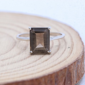 Wholesale 925 Solid <b>Sterling</b> <b>Silver</b> Natural Emerald Cut Smoky Quartz Prong <b>Set</b> Minimalist Solitaire <b>Ring</b> Fine Jewelry - Product Image 6