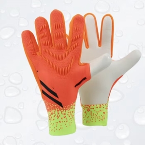 Orange Football Goalkeeper <b>Gloves</b> With Neon Green Cuff Silicone Print Non Slip Breathable Unisex Pull On Design - Product Image 1