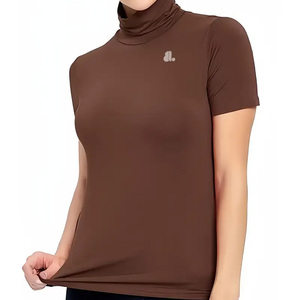 Haut décontracté à col roulé et manches courtes pour femme, en jersey de couleur unie, coupe classique, respirant, en coton biologique non tissé, impression personnalisée - Product Image 2