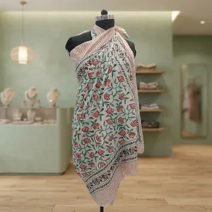 Sari de algodón blanco con estampado floral a mano, motivos de flores de durazno, borde a rayas, reversible, ropa étnica tradicional para la parte delantera - Product Image 6