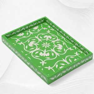 Handmade Floral Bone Inlay Tray | Geometric Chevron Serving <b>Coffee</b> <b>Table</b> Decor Vanity Display Ottoman Serving Tray - Product Image 5