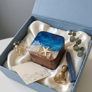Walnut Wood Resin Polished 3D Ocean Wave Engagement Jewelry <b>Box</b> Starfish Velvet Lining Wedding <b>Proposal</b> Handcrafted European - Product Image 6