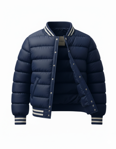 New Design Men’s <b>Blue</b> Varsity Style Puffer Jacket Winter Quilted Snap Button Bomber Coat Ribbed Collar Streetwear Outerwear - Product Image 2