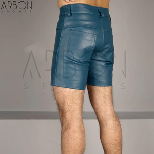 Pantalones Cortos de Cuero Genuino Azul Verde Azulado, Estilo Diseñador de Alta Gama, Corte Ajustado, Logotipo Personalizado, Fabricante Mayorista de Ropa Urbana de Moda para Exteriores - Product Image 4