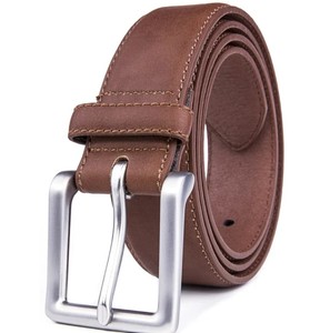 Ceinture en cuir véritable pour homme, couleur marron unie, boucle à ardillon argentée, style décontracté, respirante, largeur 3,5 cm, durable, faite à la main - Product Image 4