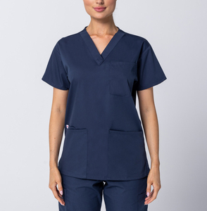Women <b>Navy</b> <b>Blue</b> <b>Scrub</b> Top Short Sleeve V-Neck With Pockets Cotton Polyester Woven Fabric Hospital Uniforms - Product Image 1