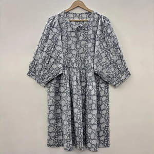 Vestido Casual Midi para Mujer, Tejido 100% Algodón, Estampado Floral Liso, Manga Corta, Cintura Imperio, Estilo Babydoll, Oversize, Cuello en V, Holgado - Product Image 5