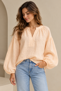 Blusa Sencilla Tejida Color Durazno para Mujer, Cuello en V, Manga Abullonada, Detalle Fruncido, Puño Elástico, Ropa Casual Elegante al por Mayor - Product Image 4