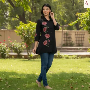 <b>Womens</b> <b>Black</b> Floral Embroidered <b>Shirt</b> Blouse Button Front Three Quarter Sleeve Scalloped Hem Relaxed Fit Casual Fashion Top - Product Image 4