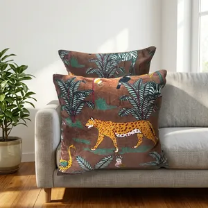 Funda de Almohada de Terciopelo de Algodón Marrón con Estampado de Leopardo y Selva Tropical, Funda de Cojín Decorativa de Lujo para Sofá - Product Image 6