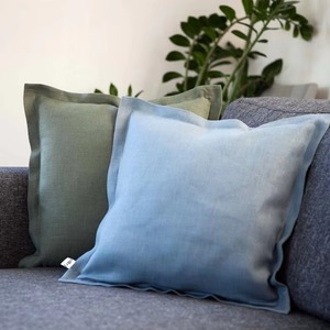 Housse de coussin carrée en lin uni respirant avec bords surpiqués pour canapé et lit - Product Image 5