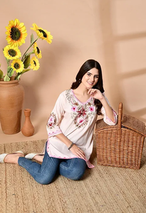 Women's Pink Embroidered Rayon <b>Kurta</b> <b>Top</b> Regular Fit Mini Length Casual Wear India Pakistan Design All Seasons - Product Image 4
