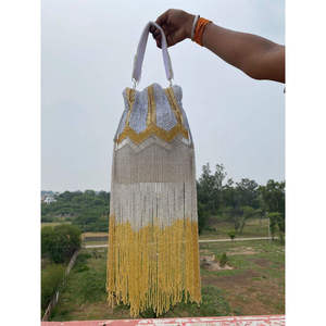 Beaded Tassel Shoulder Bag With Fringe Handmade Elegant Evening Party Bag White And Gold Pattern - Product Image 1