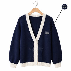 Cosh International Sorority Sisterhood Acrylic <b>Navy</b> Blue Knitted <b>Cardigan</b> With Cream Trim Long Sleeve Casual Open Front Sweater - Product Image 5
