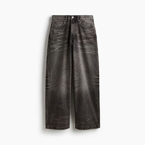 Pantalon cargo en denim taille haute coupe droite délavé à l'acide vintage à jambes larges et effet usé 100% coton léger respirant séchage rapide - Product Image 3