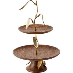 Modern Gold Tone Tree Branch Design 2 Tier Acacia Wood Cake Stand Handcrafted Dessert Display Serving Tray For Hotel And Home - Product Image 1