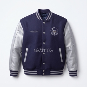 Mens Navy Owl Embroidered Bomber <b>Jacket</b> <b>Silver</b> Leather Sleeves Custom Streetwear Fashion <b>Jacket</b> - Product Image 3