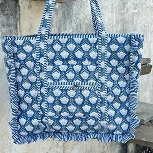 Bolsa de Mano Textil con Estampado Floral Azul, Tamaño Grande, Cierre de Cremallera, Asa Larga, Bolsa de Compras para Uso Diario - Product Image 5
