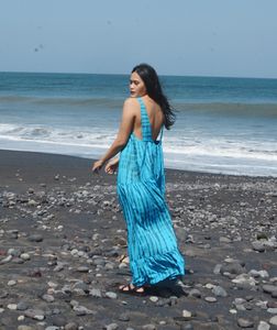 Women Blue Tie Dye Cotton Maxi <b>Dress</b> Sleeveless Backless <b>Boho</b> Beach <b>Dress</b> Tiered Summer Resort Wear - Product Image 2