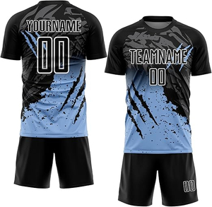 Conjunto de Uniforme de Fútbol Personalizado Azul y Negro, Cuello Redondo, Manga Corta, Impresión Sublimada, Poliéster que Absorbe la Humedad, para Todas las Temporadas - Product Image 4