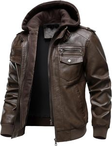 Men Brown PU Leather Embossed 220g Hooded Moto <b>Biker</b> <b>Jacket</b> Zipper Front Solid Color Regular Sleeve Autumn Style - Product Image 4