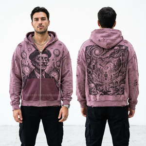 Light Blue Acid Wash Zip Hoodie Ice Fishing Zombie Graphic Mens Vintage Distressed Streetwear Heavyweight Hooded Jacket <b>Sale</b> - Product Image 4