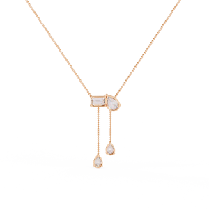 10K 14K 18K Rose Gold Lariat <b>Necklace</b> Featuring Pear and Emerald Cut Lab Grown Diamond Charms with Elegant Dual Dangle Chain - Product Image 4