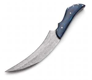 Outil artisanal en acier de Damas à profil incurvé avec manche en résine bleue, pièce de présentation exécutive - Product Image 1
