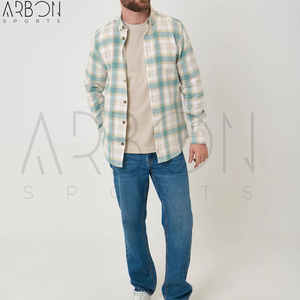 Nueva Llegada, Camisas de Franela a Cuadros Verde Menta y Beige, Totalmente Personalizadas, con Bolsillo en el Pecho y Botones, Precio al por Mayor - Product Image 3