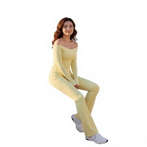 Ensemble de yoga 2 pièces pour femmes, épaules dénudées, pantalon évasé taille basse, dentelle, sans couture, spandex, polyester, couleur unie, vêtements de sport - Product Image 2
