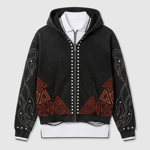 Sudadera con capucha vintage para hombre, bordada con perlas, de algodón grueso, estilo urbano, con cremallera, manga larga, con estampado de estrellas. - Product Image 1