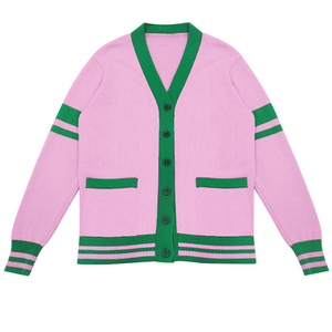 Women's Pink Green Striped V-Neck Cardigan Full Sleeve Preppy Style Knitted Open Front With Pockets Autumn Winter Wear - Product Image 1