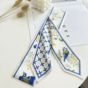 Foulard en satin de soie imprimé fleuri pour femme, ruban long et fin pour poignet, foulard de cou, bandeau pour cheveux, accessoires de mode - Product Image 1