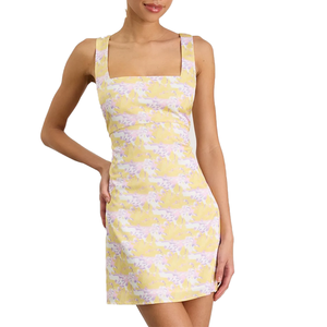 Vestido Mini Floral Jacquard sin Mangas con Cuello Cuadrado y Lazo en el Hombro, Hecho a Medida para Mujer, Ropa de Fiesta de Verano, Venta al por Mayor OEM ODM - Product Image 1