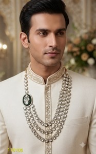 Collar Mala Sherwani de Lujo con Circonitas y Perlas de Varias Capas para Hombre, Joyería Tradicional India para Bodas, Chapado en Oro Antiguo - Product Image 3