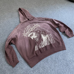 Sudadera con capucha de invierno para fabricantes, estilo hip hop, con lavado ácido, pedrería y efecto desgastado, con logotipo personalizado, de streetwear, lisa, transpirable y teñida. - Product Image 3