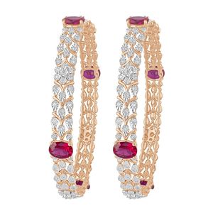 14K Rose Gold Oval Ruby and Round Diamond Floral Vine Bangle Pair - Product Image 1