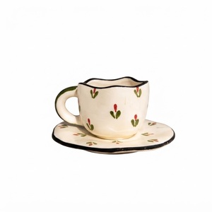 Ins Style Hand Painted Tulip Ceramic <b>Cup</b> <b>and</b> <b>Saucer</b> Set Vintage Floral Coffee Mug With Green Wavy Ruffle Plate for Cafe Home - Product Image 4