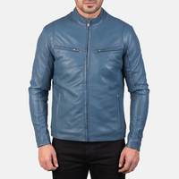 Veste d'hiver pour homme en cuir véritable bleu clair, coupe ajustée, manches longues, respirante, avec garniture en fourrure et doublure en sherpa, fermeture éclair sur le devant