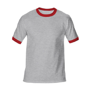 T-shirt en coton blanc pour homme, manches courtes, col rond, bordure rouge contrastante, coupe classique, décontracté, jersey uni, tricoté, teint uni - Product Image 3
