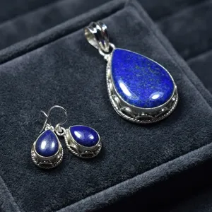 925 Sterling Silver Pendant Earrings Jewelry Set Handmade Teardrop Design Blue Lapis Lazuli Gemstone For Women - Product Image 3