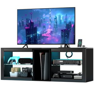 Mobile TV Nero con Luci LED, 5 Vani Portaoggetti, Prese di Corrente e Ripiani Regolabili - Mobile TV per TV Fino a 55 Pollici - Product Image 1