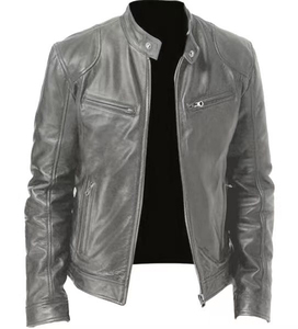 Blouson moto homme en cuir véritable coupe ajustée, col montant, fermeture éclair, style automne, couleur unie, longueur standard - Product Image 1