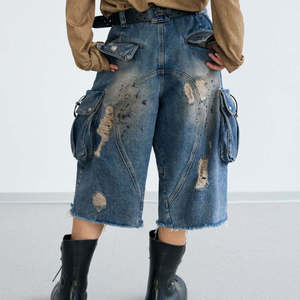 Custom Oversized Distressed Cargo Denim Jorts Men Vintage Washed Wide Leg Baggy Jean Shorts Streetwear Hip Hop Cargo Shorts - Product Image 3