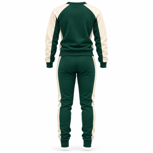 Ensemble de survêtement personnalisé pour femme, couleur contrastée vert forêt et crème, sweat-shirt à col rond et pantalon de jogging fuselé avec bandes latérales - Product Image 2