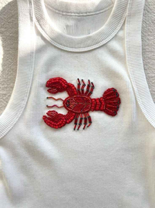 Débardeur court d'été pour femme en coton côtelé blanc, fait main, personnalisé, sans manches, avec broderie de crabe et méduse perlée - Product Image 5